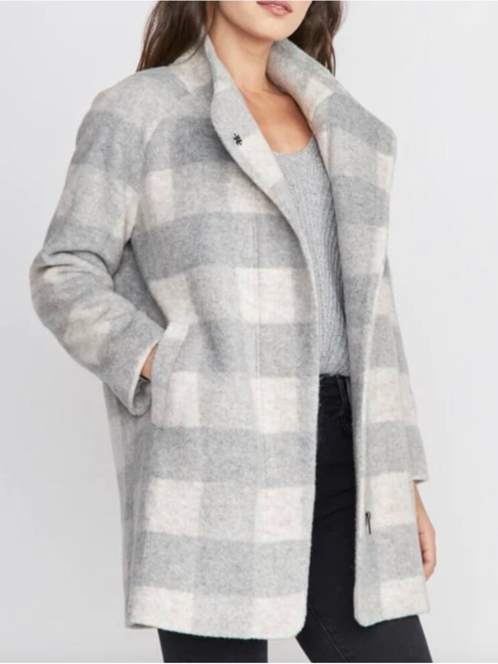 Marine Layer Stephanie Cocoon Coat Grey Cream Plaid M